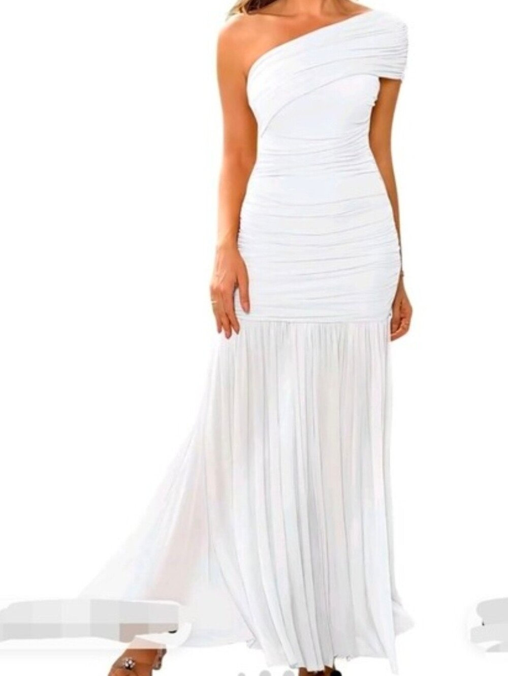 One-Shoulder White Evening Maxi Dress